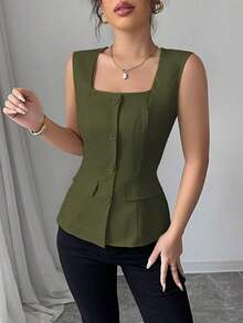 Blusa elegante de mujer con cuello cuadrado sin mangas, decoración con bolsillo falso, camisa ajustada de oficina, primavera/verano - Verde militar - Ver 4