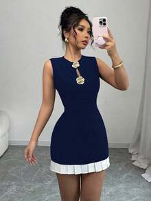 Raffinéa Vestido con hebilla de metal hueca y ribete de volantes para mujer - Azul marino - Ver 3