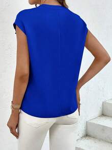 Camisa casual de mujer de unicolor con cuello en V, abotonadura sencilla y bolsillo - azul real - Ver 2