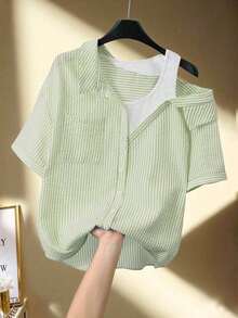 Camisa de mujer casual de manga corta raglán a rayas texturizada azul y blanca, de verano - Verde - Ver 1
