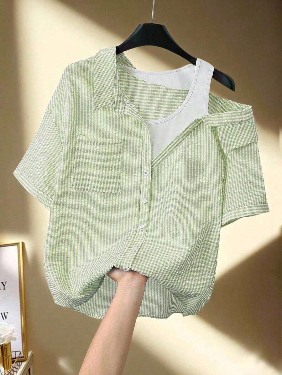 Camisa de mujer casual de manga corta raglán a rayas texturizada azul y blanca, de verano - Verde - Ver 1