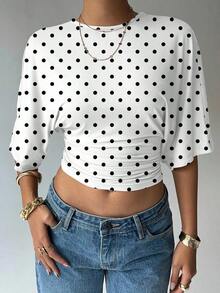 Blusa de verano para mujer con diseño de manga murciélago, cuello redondo, fruncido y estampado floral de tinte de agua en tonos cálidos, ideal para playa/vacaciones, un look casual, minimalista y elegante - Blanco y Negro - Ver 3
