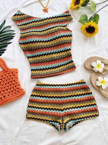 Eduarda Gutierrez  Conjunto de 2 piezas para mujer con top corto de punto a rayas y shorts ajustados de tiro súper bajo, atuendo adecuado para vacaciones, fiestas, Navidad, San Valentín, citas, playa, crucero, carnaval, Pascua, Año Nuevo Chi - Multicolor 2 - Ver 1