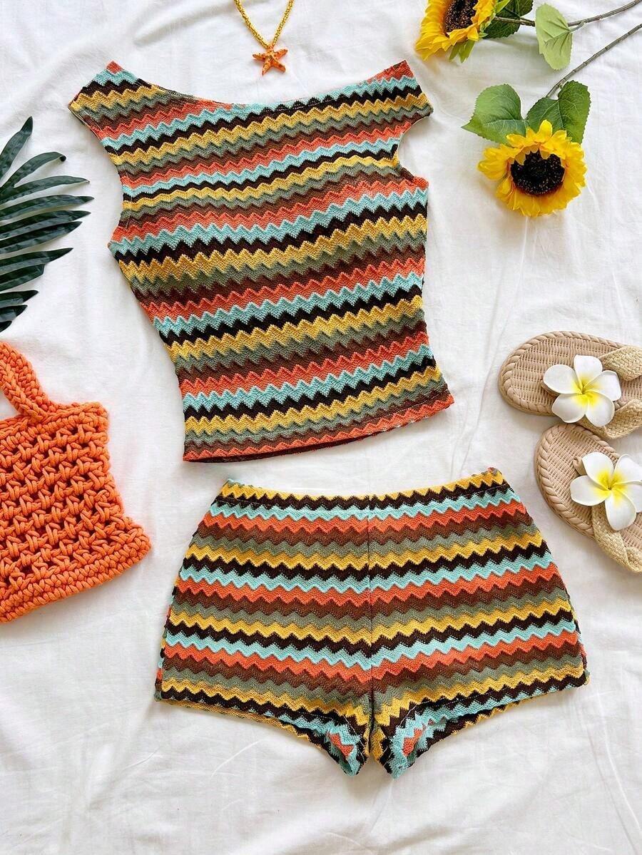 Eduarda Gutierrez Conjunto de 2 piezas para mujer con top corto de punto a rayas y shorts ajustados de tiro súper bajo, atuendo adecuado para vacaciones, fiestas, Navidad, San Valentín, citas, playa, crucero, carnaval, Pascua, Año Nuevo Chi - Multicolor 2 - Ver 1