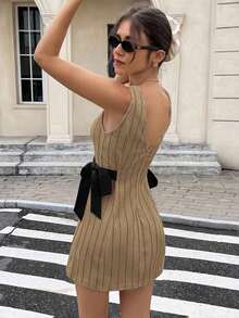 Vestido coreano de mujer con estampado de lunares, lazo y tirantes versátil y de moda - Caqui - Ver 2