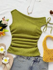 Blusa de punto con textura de burbujas de color albaricoque, cuello asimétrico con lazo en la cintura, ajuste ceñido, adecuada para fiesta, cita, paseo por la ciudad, viaje por carretera, playa de verano - Verde Oliva - Ver 4