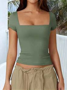 Camiseta de manga corta ajustada y sexy con cuello cuadrado de punto de unicolor para mujer Vaiaye, top de activewear para primavera/verano, adecuado para el Día de San Valentín en color rojo casual - frijol verde - Ver 7