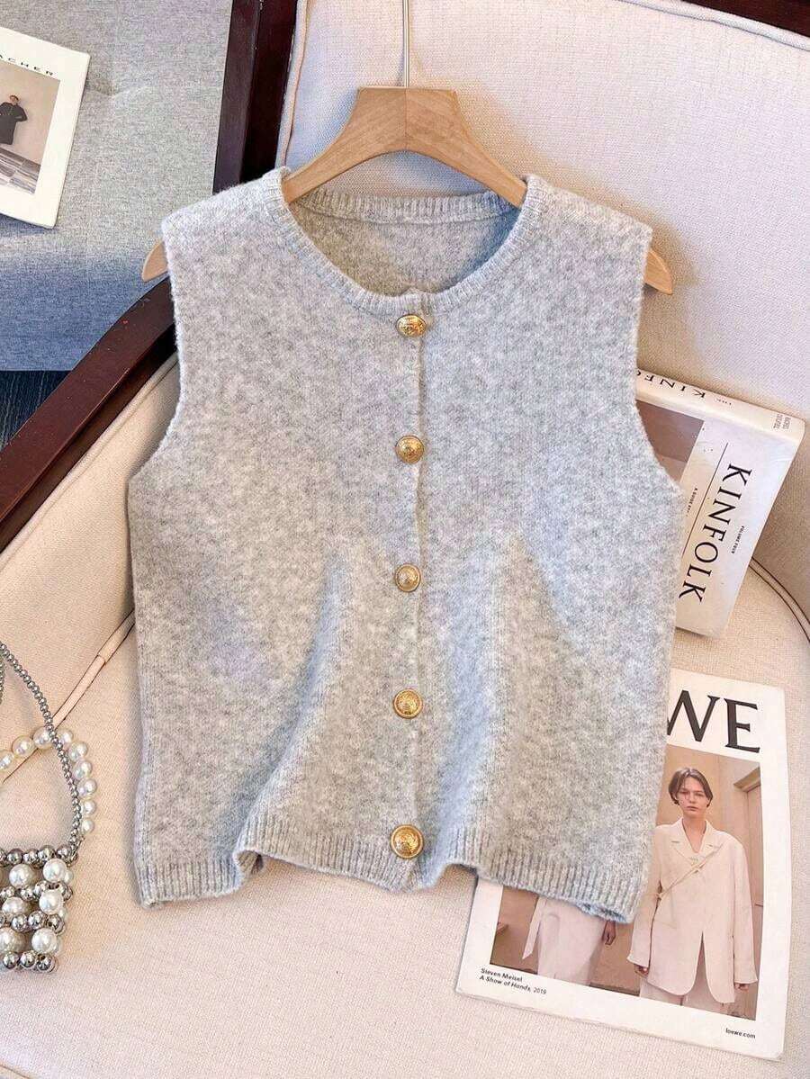 1 pieza Chaleco de punto de mujer minimalista de unicolor con botón de metal suave, parte superior casual versátil, suéter de moda de cuello redondo - Gris Claro - Ver 1