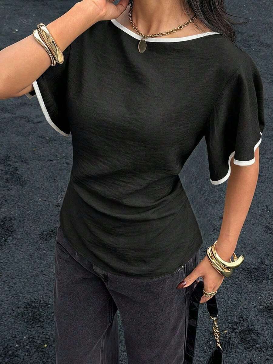 Camisa casual de mujer con ribete de contraste en la cintura y manga corta, para verano - Negro - Ver 1