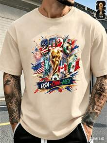 [FIFA World Cup Licensed]2026 USA-Canada-Mexico World Cup Football Pattern T-Shirt, 180g 100% Cotton, Round Neck, Comfortable Casual Sports T-Shirt Fo - 杏色 - 查看 1