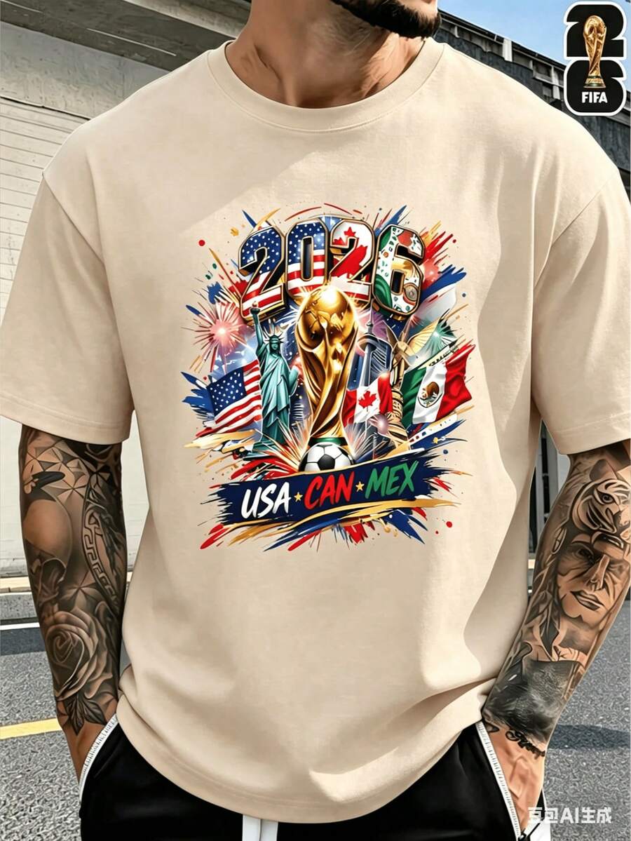 [FIFA World Cup Licensed]2026 USA-Canada-Mexico World Cup Football Pattern T-Shirt, 180g 100% Cotton, Round Neck, Comfortable Casual Sports T-Shirt Fo - 杏色 - 查看 1