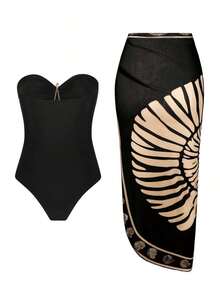 Swim Oasis Conjunto de playa de 2 piezas con traje de baño de una pieza con escote halter, recortes, parches de colores, decoración metálica con efecto océano y falda de malla degradada para mujer, primavera/verano - Negro - Ver 2