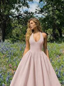 YHHSHEIN MOD Vestido largo con corbata de cuello de unicolor y estilo minimalista para mujer, uso casual diarioYHH - Rosa Pálido - Ver 4