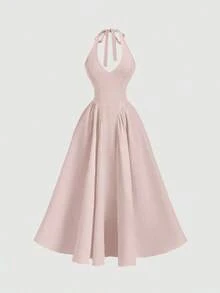 YHHSHEIN MOD Vestido largo con corbata de cuello de unicolor y estilo minimalista para mujer, uso casual diarioYHH - Rosa Pálido - Ver 7