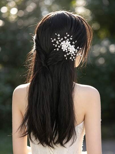 1pc Silver & White Flower Faux Pearl Bridal Hair Clip, Pearl Decor Wedding Bride Bridesmaid Hair Accessory