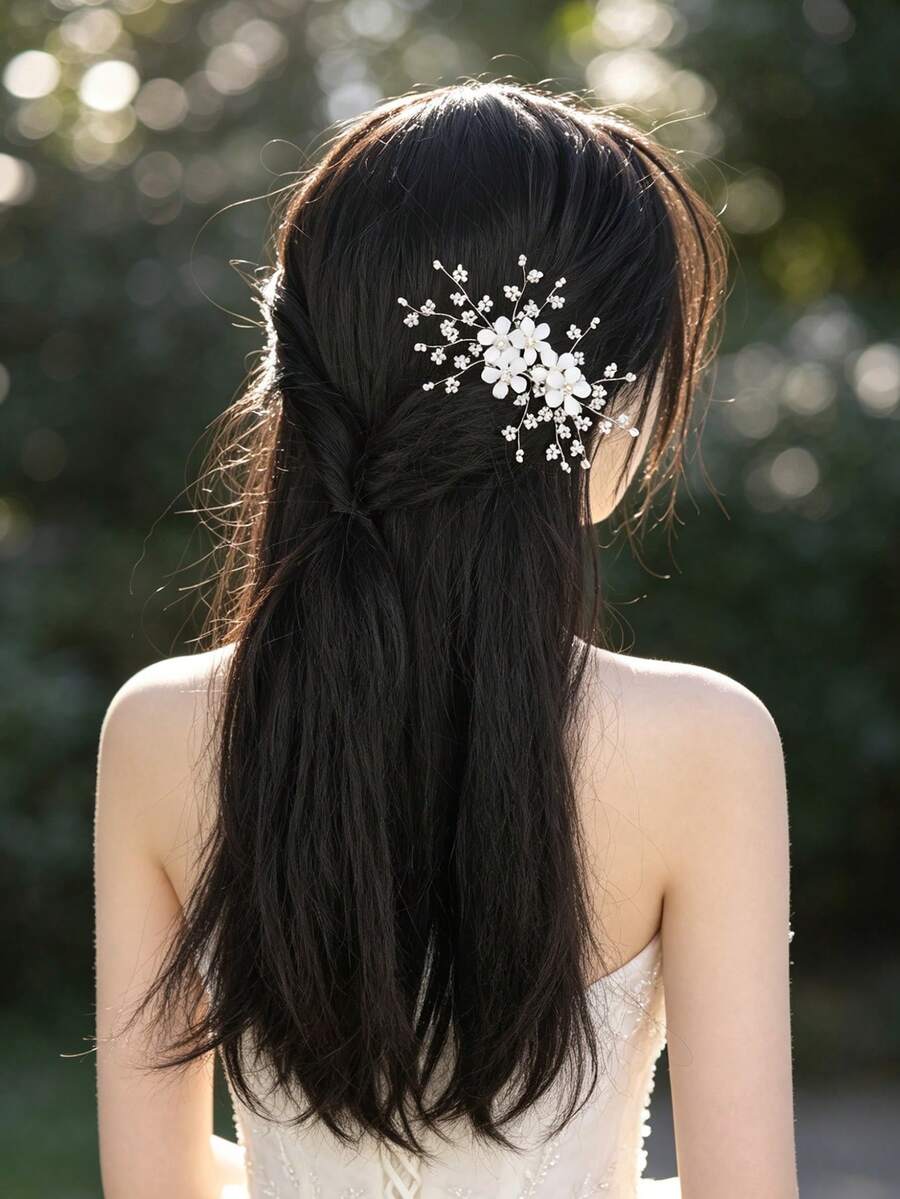 1件银白色花朵仿珍珠新娘发夹,珍珠装饰婚礼新娘伴娘发饰 - 銀色 - 查看 1