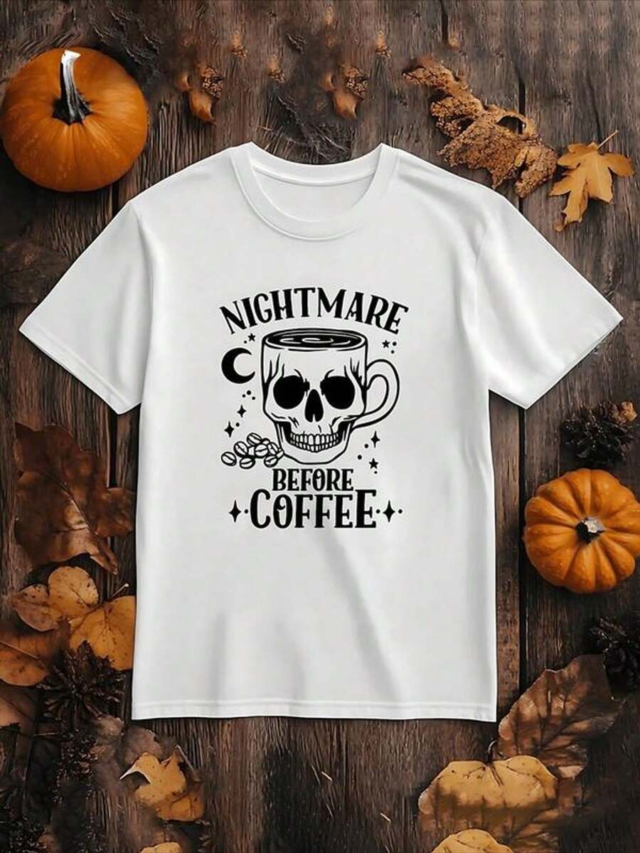 Camiseta con estampado gr£fico de "Nightmare Before Coffee" Camiseta de aod￳n de uste cl£sico para mujer Dise￱o de calavera y grano de caf￩ Uso casual de todos los d￭as Tela c￳moda y transpirable Perfectara amantes del caf￩ Idea de regalo drtida y ￺nica Camisa de manga corta con estilo Disponible en m￺ltiples tallas y colores