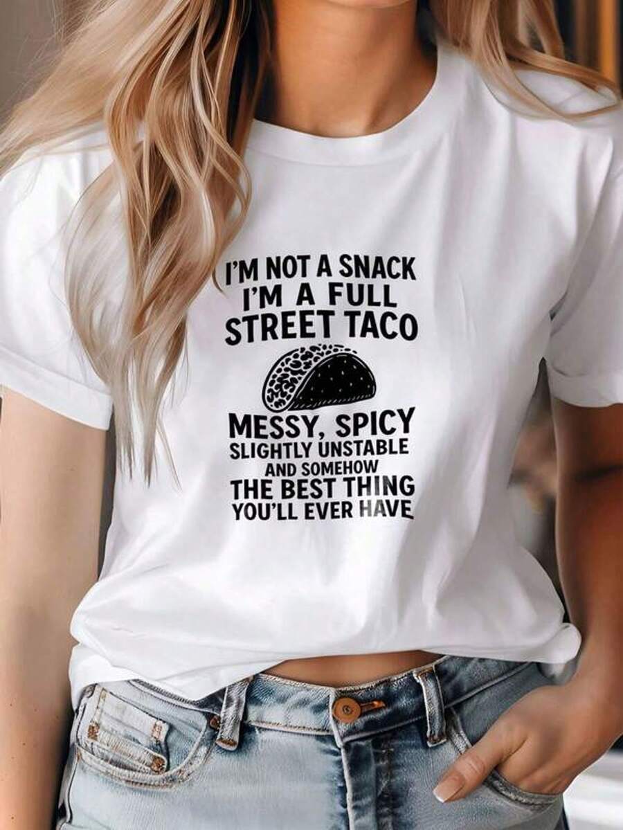 Cashier Style Print "I'M NOT A SNACK, I'M A FULL CASHIER TACO" Comfortable Crew Neck Sweatshirt | Soft, Comfortable Women's Clothing For All Seasons - 白色 - 查看 1