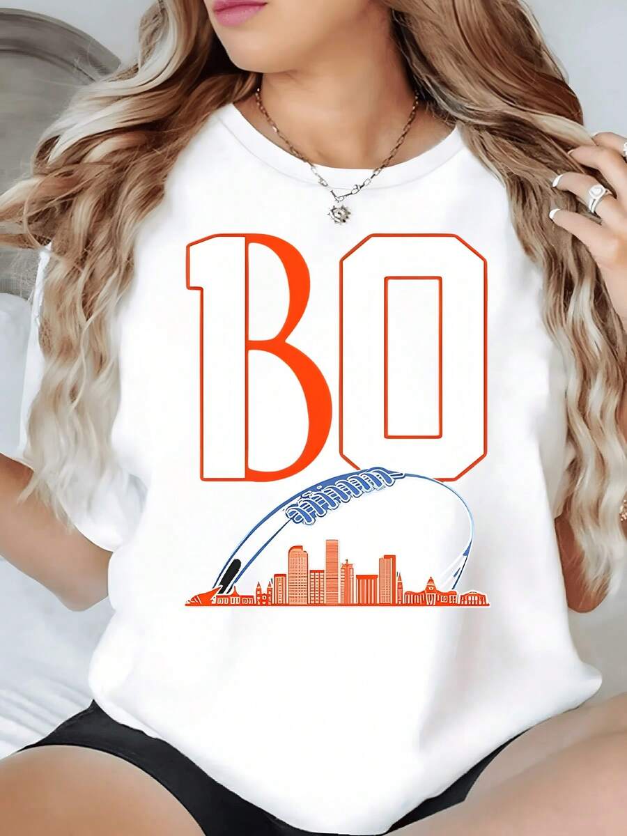 Modern City With Large Orange Numbers And A Ball Symbolizing Urban Energy, Sporting Passion And Connection With . Casual Women's T-Shirt For Everyday Wear, Comfortable And Attractive. - 白色 - 查看 1