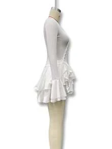 Women's International Autumn Long Sleeve Bell Sleeve Dress With Simple Buttons, Fitted With Ruffles, Elegant - 白色 - 查看 6