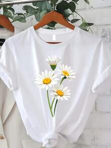 Classic Plus Size - Plus Size - Green Daisy Flower Design T-Shirt, Suitable For Plus-Size Women, A Perfect Choice For Casual Summer Wear With Short Sleeves And A Fresh Floral Design. Crew Neck T-Shirt With A Modern Design, Perfect For Wearing In Summer And Autumn. A Hit. - 白色 - 查看 7