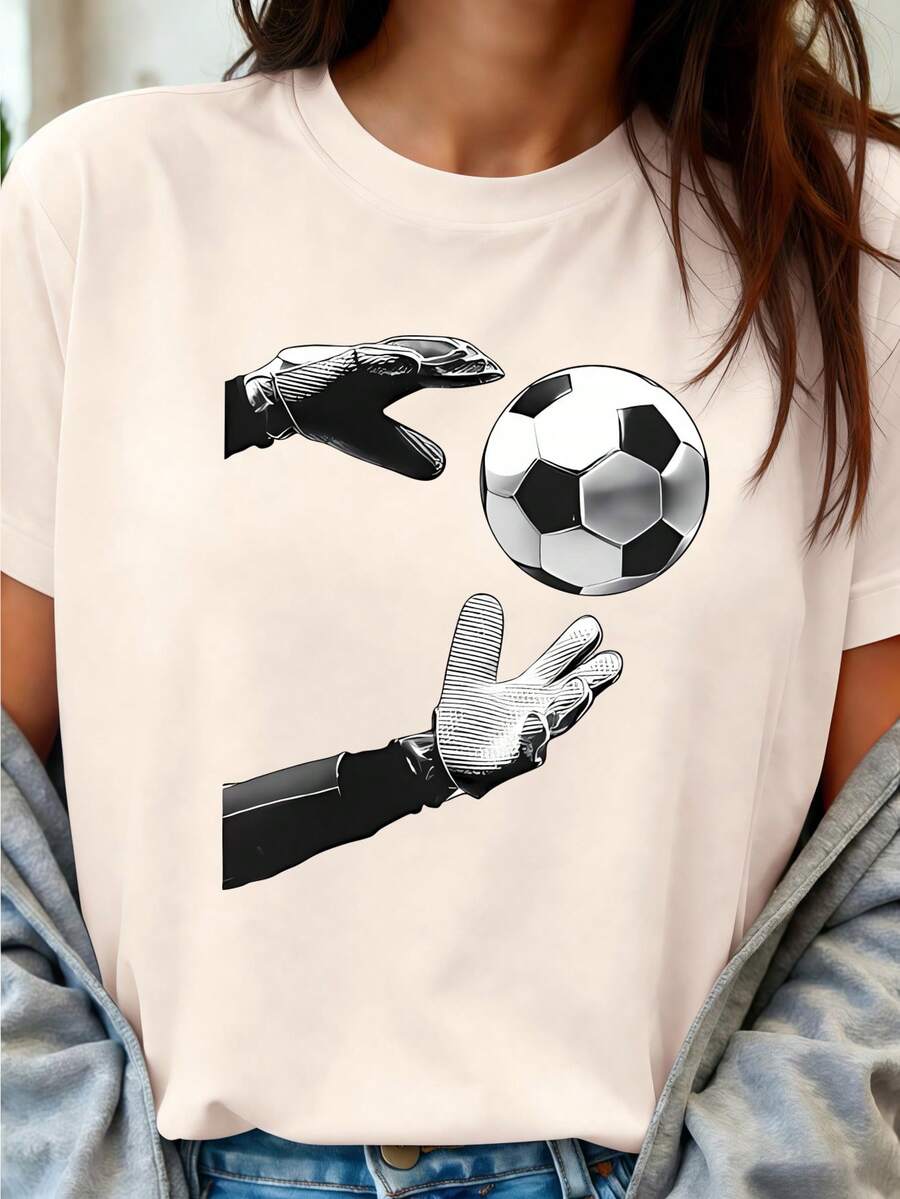 Camiseta de manga corta con cuello redondo y estampado de guantes de portero de edición limitada, ropa para mujer. El diseño dinámico del momento de la recepción del portero resalta la energía atlética y la individualidad. Adecuada para entusiastas de los deportes, como regalo para jugadores, regalo de cumpleaños, para eventos de equipo, festivales deportivos universitarios o como atuendo para ver partidos. Casual y elegante, estilo urbano, que muestra el amor por el fútbol y resalta la individualidad única. Tejido cómodo y transpirable, creando un look personalizado. Algodón ligero. - Albaricoque - Ver 1
