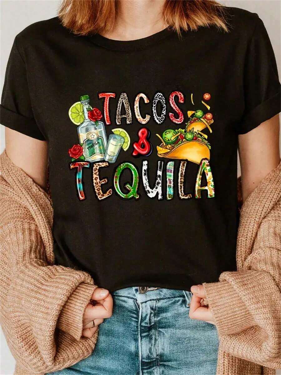 Women's T-Shirt With Tacos And Tequila Print, Highly Recommended, Versatile Christmas T-Shirts With Graphic Design, Casual Loose Fashion, Sporty, Summer, With Round Neck And Short Sleeve, Easy To Match. - 黑色 - 查看 1