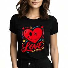 Tops para mujer juvenil de una pieza con estampado de corazones, estilo urbano, para mujer, con estampado de rostro, ropa casual de primavera/verano para exteriores. - Negro - Ver 10