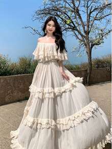 Women's Long Bohemian Summer Dress, Off-The-Shoulder With Ruffles And Bow, Wide Skirt With Floral Print, White Color, Cotton And Linen Fabric, Ideal For Beach And Holidays. - 杏色 - 查看 2