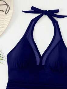 Swim Vcay Vestido de baño texturizado sin aros, negro sólido, para mujer, ideal para vacaciones de primavera, fiestas casuales de verano y playas - Azul marino - Ver 7