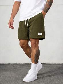 Quần short nam kiểu retro Mỹ bằng vải nhung kẻ có dây rút, quần ống rộng năm điểm có miếng vá, quần short dài đến đầu gối phong cách đường phố thường ngày. - xanh quân đội - Xem 3