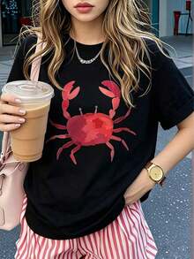 Women's Modern, Casual T-Shirt, Perfect For Parties And Lounging At Home. 100% Cotton, Loose Fit. 1 Pc. Women's Casual Black Round Neck Short Sleeve Regular Length Polyester T-Shirt With NYC Graphic Print. 100% Cotton - 黑色 - 查看 7