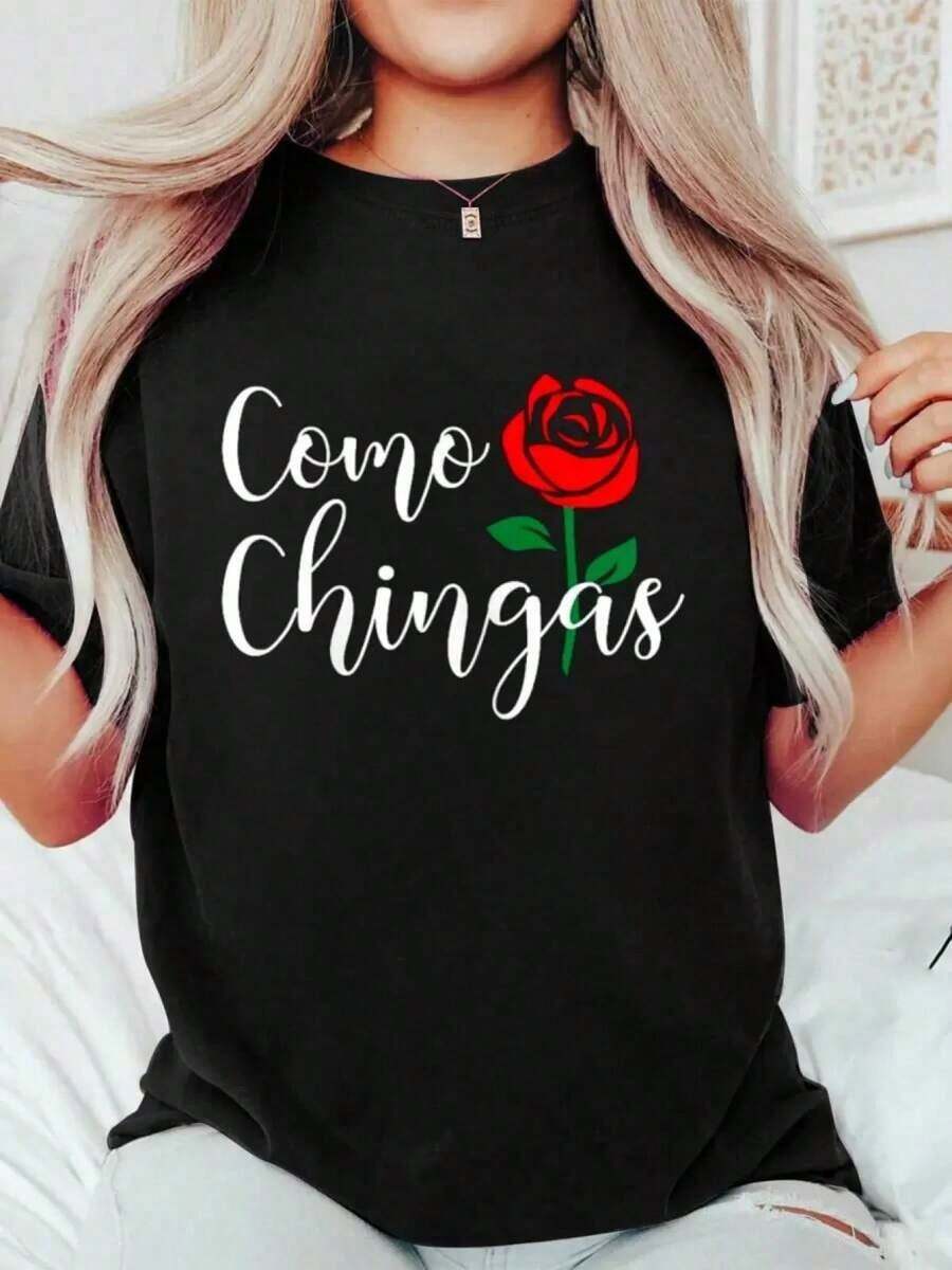 Camiseta de manga corta blanca de corte relajado con estampado gráfico de patrón retro, para mujer, combina con todo, suave. - Negro - Ver 1