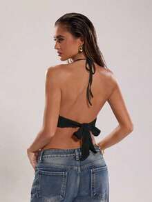 Top sin espalda con halter bordado de encaje y cuentas, apropiado para vacaciones en la playa - Negro - Ver 2