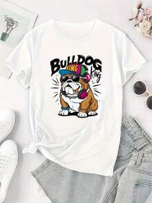 Women's Short-Sleeved T-Shirt With A Bold And Creative Puppy Print, Featuring A Round Neck And A Modern Style. This Casual And Simple Sports T-Shirt Is A Comfortable Summer Top For Women. It's A Graphic Summer T-Shirt For Women, A Casual Printed Short-Sleeved T-Shirt With A Round Neck, And A Local Spring/Summer Streetwear Style. - 白色 - 查看 3