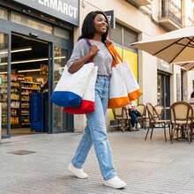 Colorblock Canvas Shoulder Tote Bag, Wide Comfortable Handle, Large Open Top For Easy Storage, 3 Available Colorways - View 2