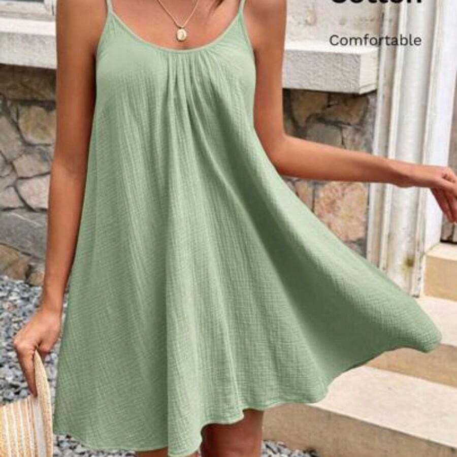 Frenchy Women's Solid Color Cotton Muscle Spaghetti Straps Summer Holiday Style Dress, Dress, Tank Dress, Summer Women's Clothing, Cotton Women's Clothing Black Vacation Casual Beach Resort - verde menta - Ver 1