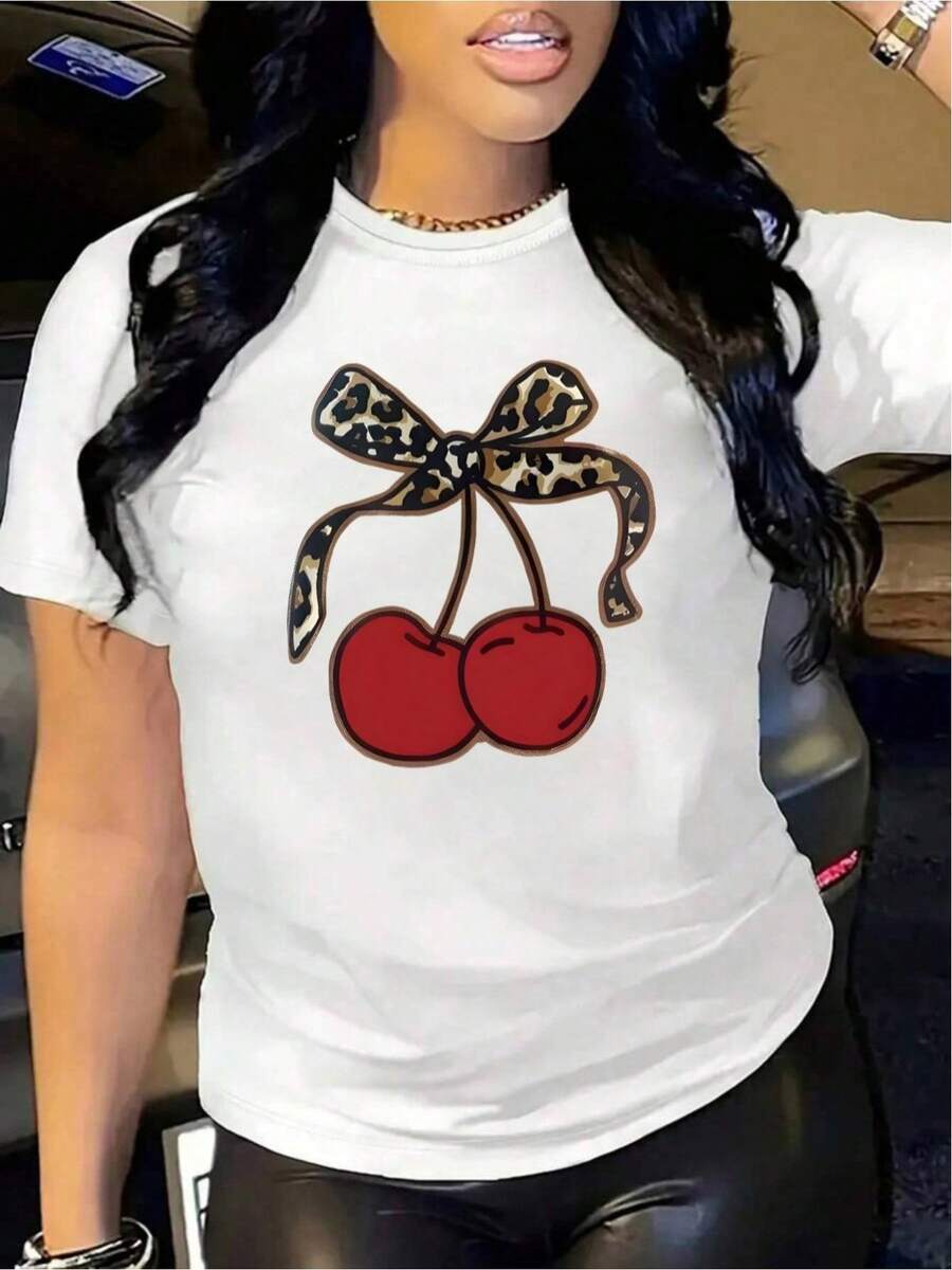 YOCASA Camiseta Casual de Verano para Mujer, con Cuello Redondo, Ajustada y Manga Corta, con Estampado de Pintura al Óleo, Floral, Corazón, Cereza y Patrones de Letras. Tejido Casual Simple, Estilo Deportivo, Ideal para Uso Diario y Citas de San Valentín. 1 pieza, 180G Pure Heavy, 95% Poliéster 5% Spandex. - Blanco - Ver 1