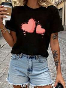 Camiseta con Estampado Gráfico de Dos Corazones Juntos |   Camiseta Casual de Manga Corta con Cuello Redondo para Primavera y Verano, Blusa con Estampado de Corazones para Mujer, Camisa > Hermosa. - Negro - Ver 8