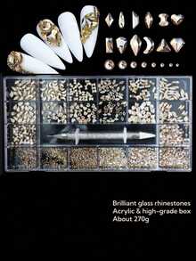 21pcs/Set Diamond Nail Art Decorations, Suitable For Flat Nail Rhinestones, Luxury Nail Jewelry, Asymmetric Diamond Nail Art, DIY - Champagne - View 1