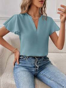 Camisa de mujer de unicolor con escote en V entallado y manga corta, informal y adecuada para el trabajo, blusas de manga corta - Niebla azul - Ver 7