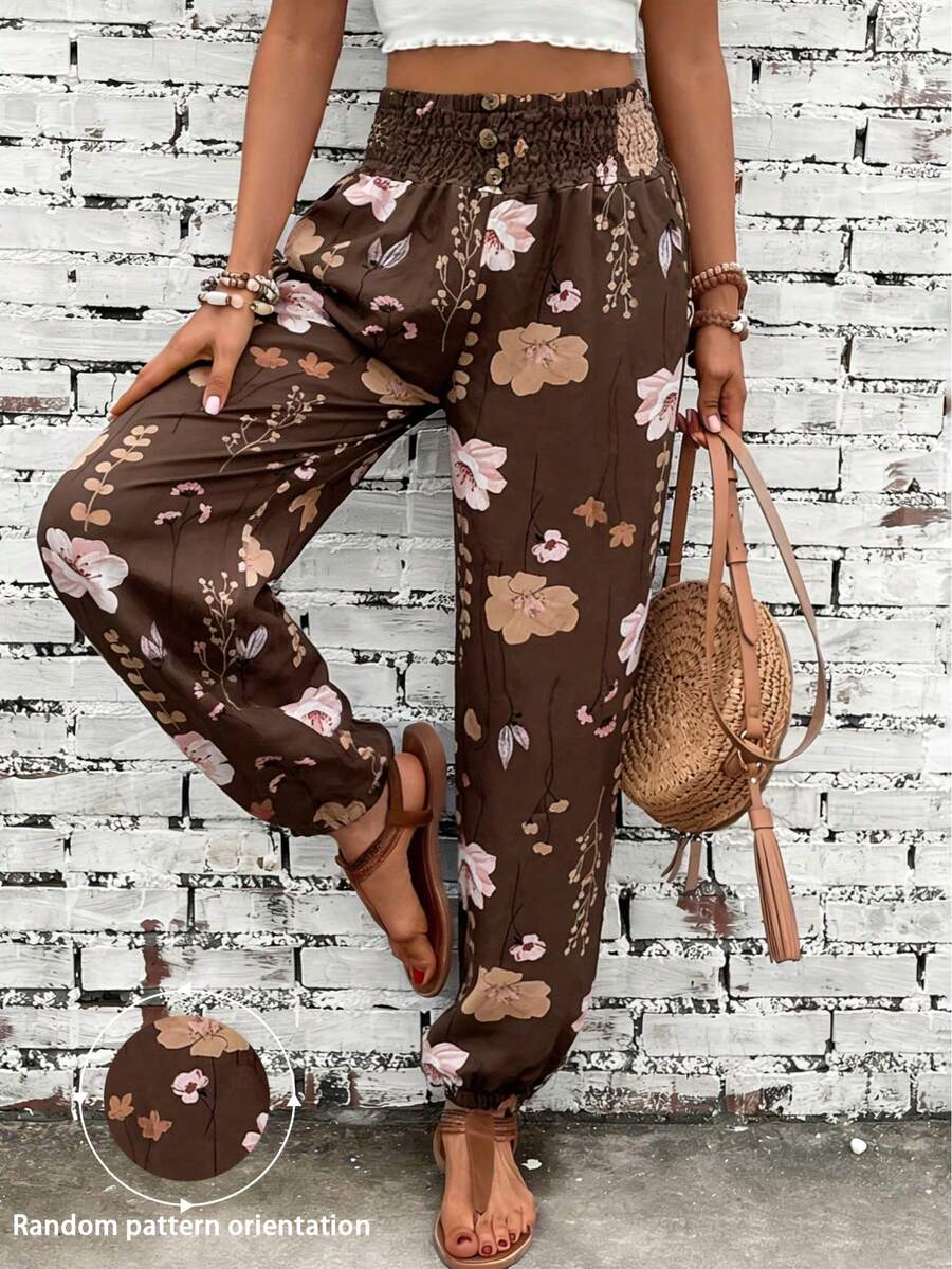 Pantalones casuales de mujer con estampado, cintura con cordón y bolsillos, pantalones casuales de moda con estampado aleatorio, para vacaciones de primavera - Café integral - Ver 1