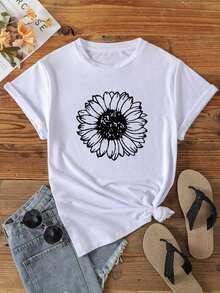 Camiseta holgada para mujer con estampado de girasoles, transpirable y que no provoca sudoración, suave y lisa, con una sensación de calidad, adecuada para deportes y fitness, uso diario, vacaciones, oficina, escuela, fiestas y diversas otras ocasiones. - Blanco - Ver 1