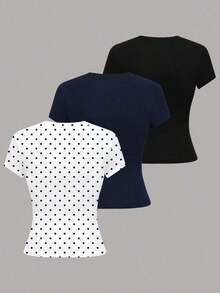 1 pieza Camiseta de manga corta informal de unicolor para mujer - Multicolor 5 - Ver 2