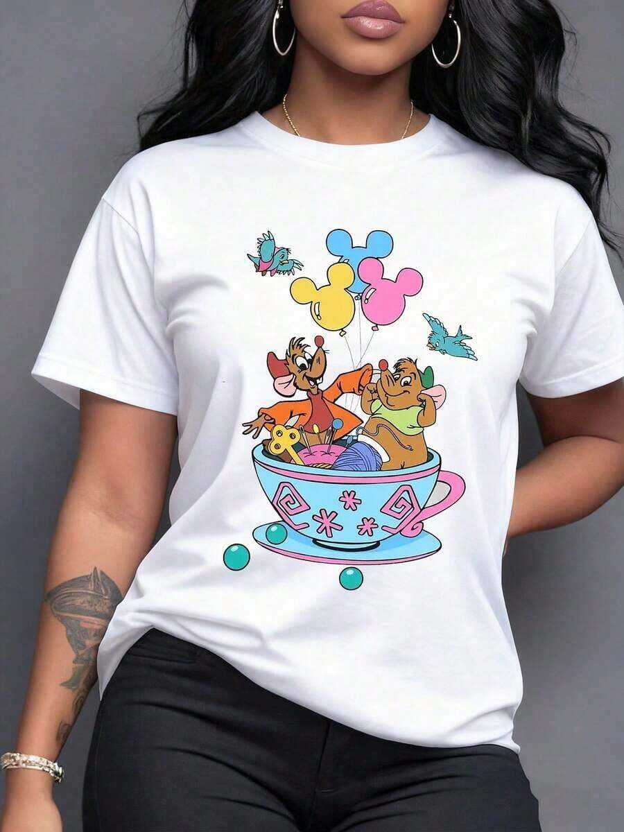Taza mágica con dos ratones alegres sosteniendo globos de colores y rodeados de pájaros felices que simbolizan la amistad y la fantasía camiseta para mujer casual moderna y cómoda,Camiseta de mujer elegante. - Blanco - Ver 1