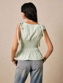Blusa de cuadros verdes con cuello redondo, cintura con lazo y volantes en el bajo, hombros con lazo, para verano, tops de mujer, tops de verano, tops de concierto, tops de playa, tops con volantes, tops con lazo delantero, tops bohemios, tops de - Verde - Ver 6