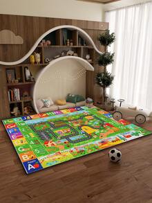 1pc Letter & Number Printed Green Seasonal Children's Play Mat, Featuring Playful Exploration, Suitable For Children's Room Decor, Cartoon Numeral Mat, Playful Exploration Style Children's Room Track Game Mat, High-Quality Velvet Children's Area Rug, Soft Playroom Mat - Multicolor - View 3