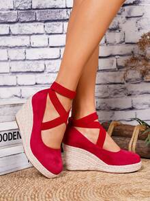 Giày đế xuồng và đế cao kiểu espadrille cho nữ, sandal quai ngang dệt màu đen mũi tròn thích hợp cho kỳ nghỉ biển, đế dây thừng co giãn, kết hợp với giày nữ. - Đỏ - Xem 3