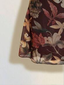 Vestido mini plisado con estampado de hoja de arce vintage para mujer, adecuado para vacaciones de verano y ropa de vuelta al colegio - Marrón - Ver 8