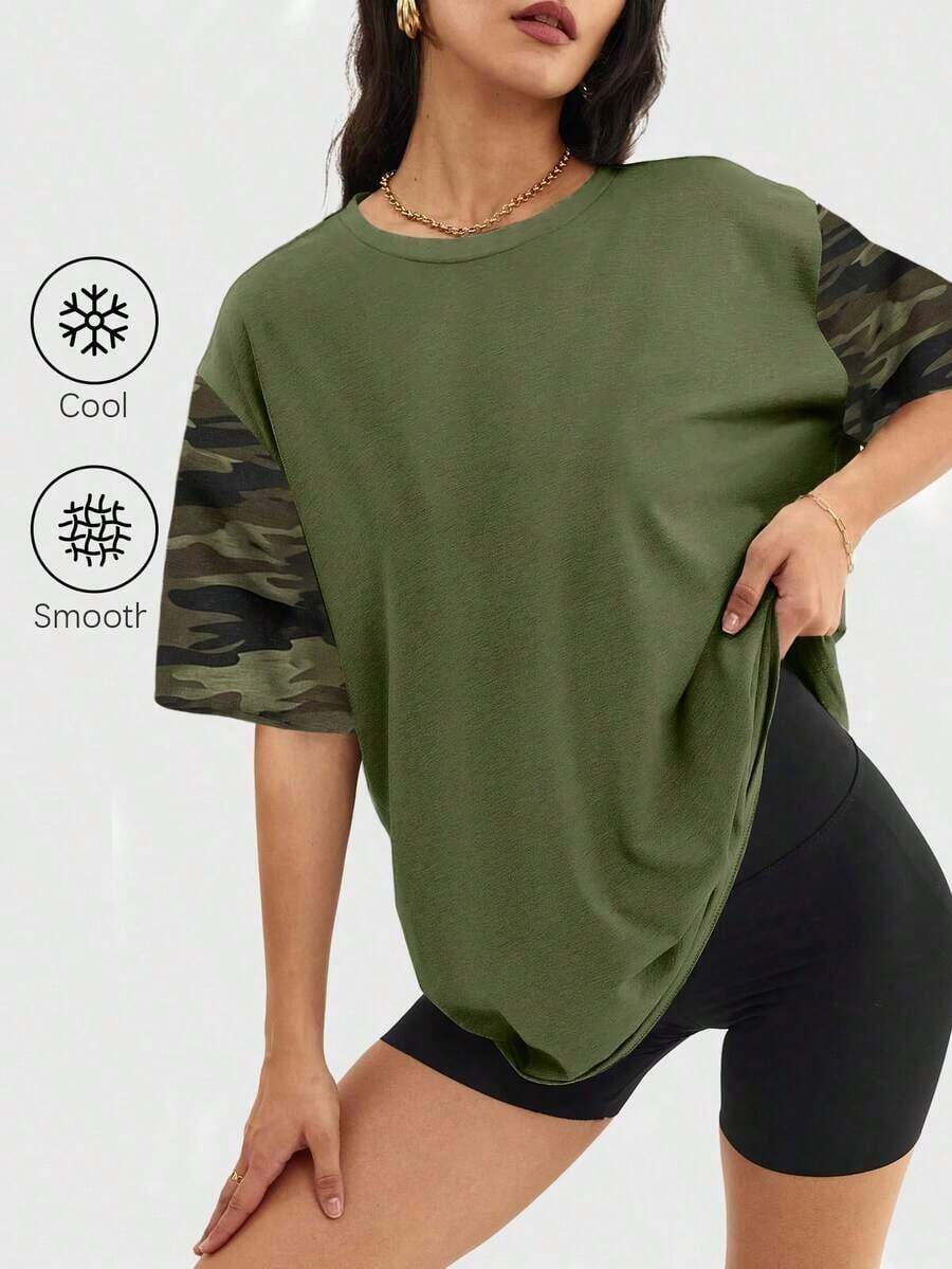 Camiseta holgada para mujer de manga corta y cuello redondo, camisa casual estilo Y2K, básica para deportes de verano - Verde Oliva - Ver 1
